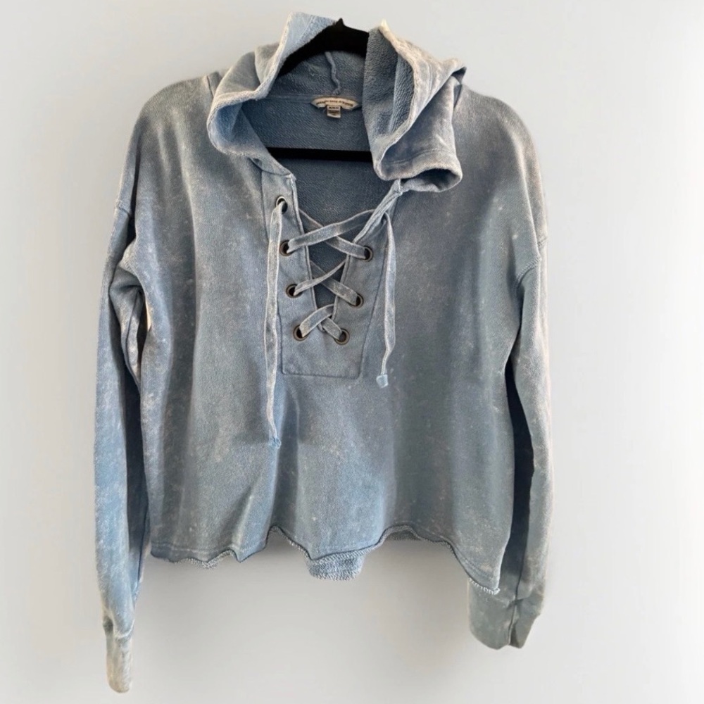 American Eagle Washed Blue Lace Up Hoodie - Medium